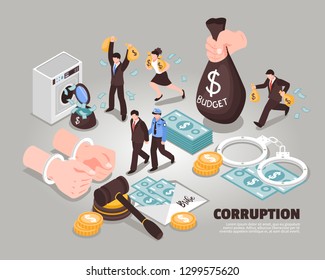 Corruption isometric vector illustration  Included icons symbolizing laundering bribery embezzlement corrupt judge corrupt politician