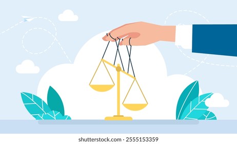 Corruption of judgment. Businessman's hand manipulating the justice like a puppet. Judgement - judicial weigh, scales and balance is corrupted manipulated by hand. Flat design. Vector illustration