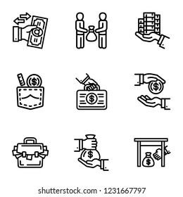 Corruption laundering money icon set. Line set of 9 corruption laundering money vector icon for web design isolated on white background