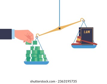 Corruption in legal system. Hand puts money on scales. Law book or gavel. Banknote stack. Bribe currency comparing with judgment punishment authority. Corrupted judge