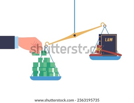 Corruption in legal system. Hand puts money on scales. Law book or gavel. Banknote stack. Bribe currency comparing with judgment punishment authority. Corrupted judge