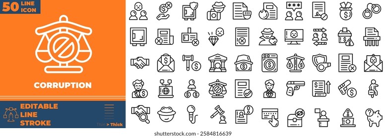 Corruption Line Editable Icons set. Vector illustration in modern thin line style of corruption icons: Bribe Money, money laundering, anti corruption, etc