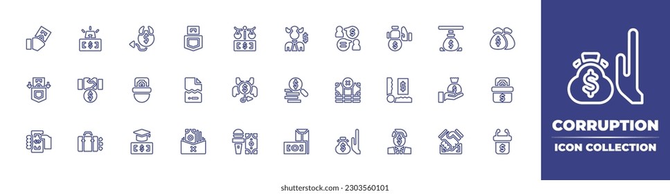 Corruption line icon collection. Editable stroke. Vector illustration. Containing corruption, money, pocket, communication, bribe, money bag, bribery, corrupt, evil, search, no corruption, trap, vote.