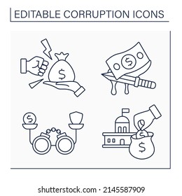 Corruption line icons set. Anti-bribery, bloody money, balance, embezzlement. Crime actions. Illegal acts concept. Isolated vector illustration. Editable stroke