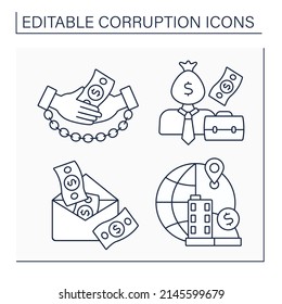 Corruption line icons set. Bribery, corrupt businessman, money envelope, offshore financial center. Crime actions. Illegal acts concept. Isolated vector illustration. Editable stroke