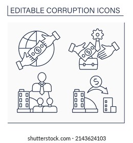 Corruption line icons set. Grand corruption, facilitation payment, beneficial ownership, profit shifting. Crime actions. Illegal acts concept. Isolated vector illustration. Editable stroke