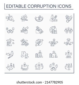 Corruption line icons set. Illegal, bad, dishonest behavior by powerful people. Crime actions. Illegal acts concept. Isolated vector illustration. Editable stroke