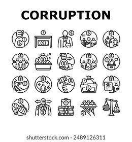 corrupción dinero negocios dinero efectivo iconos conjunto Vector mano de soborno, trato de pago, anti, pagar delito, soborno de hombre de negocios, dar financiación ilegal dinero corrupción negocio efectivo negro contorno ilustraciones