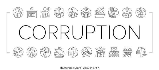 corruption money business cash icons set vector. bribery hand, deal payment, anti, pay crime, businessman bribe, give illegal finance corruption money business cash black contour illustrations