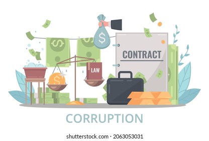 Corruption money laundering cartoon composition with banknotes drying on clothesline illegal contracts briefcase with golden bars vector illustration