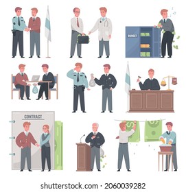 Corruption money laundering crimes cartoon set with bribing officials doctor employer lawyer accepting dirty money vector illustration