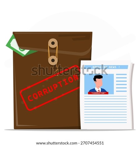Corruption money news symbolizes wrongdoing. Suitable for articles, blogs, presentations discussing corruption, financial misconduct, unethical practices in politics, business