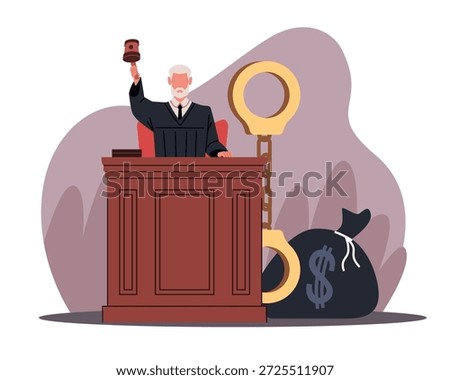 Corruption offense. Guilty verdict, judge passes sentence, judicial proceedings, financial crimes, corrupted law leader, punishment regulation, illegal activities vector cartoon flat isolated concept