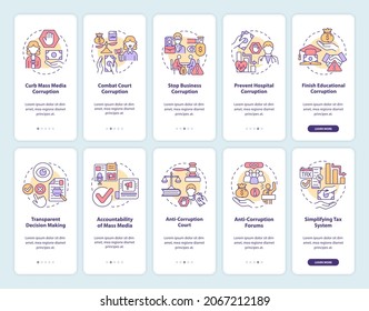 Corruption onboarding mobile app page screen. Corrupted government walkthrough 5 steps graphic instructions with concepts. UI, UX, GUI vector template with linear color illustrations