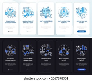 Corruption onboarding mobile app page screen. Government accountability walkthrough 5 steps graphic instructions with concepts. UI, UX, GUI vector template with linear night and day mode illustrations