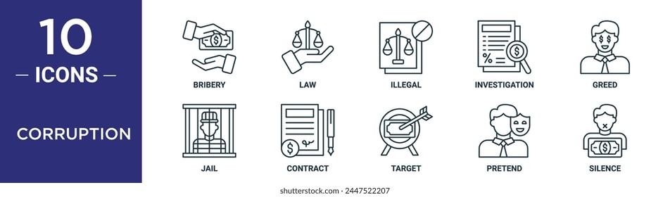 el conjunto de iconos de esquema de corrupción incluye soborno de línea fina, ley, ilegal, investigación, codicia, cárcel, iconos de contrato para informe, presentación, diagrama, Diseño web