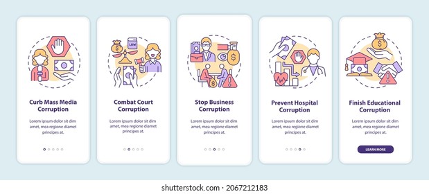 Corruption prevention onboarding mobile app page screen. Violation combat walkthrough 5 steps graphic instructions with concepts. UI, UX, GUI vector template with linear color illustrations