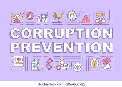 Corruption prevention word concepts banner. Corruption control measures. Infographics with linear icons on purple background. Isolated creative typography. Vector outline color illustration with text