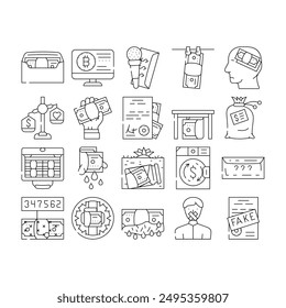 Corruption Problem Collection Icons Set Vector. Money Bag And Envelope, Corruption Scheme For Give Money And Purchase Of Document Contour Illustrations