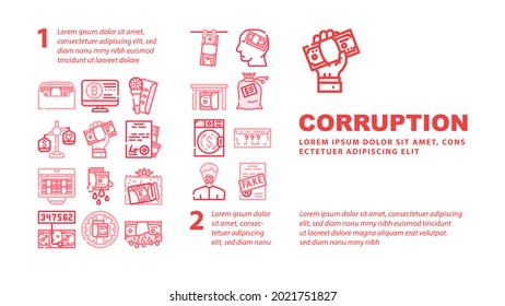 Corruption Problem Landing Web Page Header Banner Template Vector. Money Bag And Envelope, Corruption Scheme For Give Money And Purchase Of Document Illustration