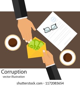 Corruption, corruption scheme, hand with a money envelope gives a bribe. Illegal actions. Flat design, vector illustration, vector. - Powered by Shutterstock - Get 15% off with code: PIKWIZARD15