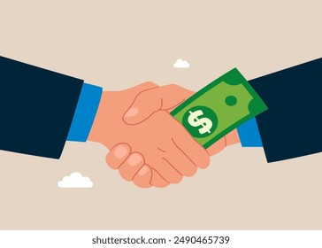 Corruption with shaking hands and transmitting banknote. Business deal, agreement, contract. Flat vector illustration