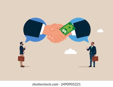 Corruption with shaking hands and transmitting banknote. Stop corruption. Crime and deceit. Business deal, agreement, contract. Flat vector illustration