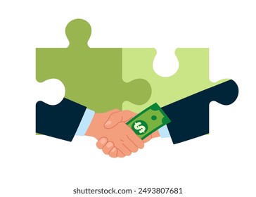 Corruption with shaking hands and transmitting banknote. Stop corruption. Crime and deceit. Finish deal and handshake on jigsaw puzzle. Flat vector illustration