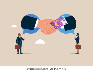 Corruption with shaking hands and transmitting banknote money euro. Stop corruption. Crime and deceit. Business deal, agreement, contract. Modern vector illustration in flat style