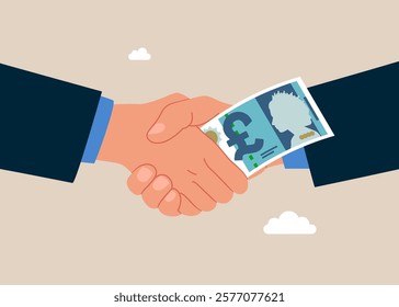 Corruption with shaking hands and transmitting banknote money pound sterling. Business deal, agreement, contract. British money. Currency. Flat vector illustration