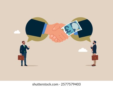 Corruption with shaking hands and transmitting banknote money pound sterling. Stop corruption. Crime and deceit. Business deal, agreement, contract. British money. Currency. Flat vector illustration