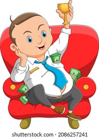 The corruption is sitting on the sofa with lots of money of illustration