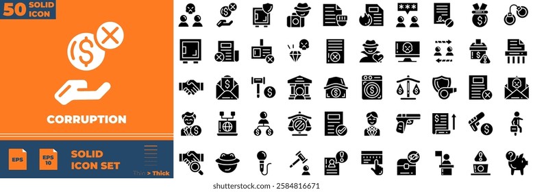 Corruption Solid Editable Icons set. Vector illustration in modern thin solid style of corruption icons: Bribe Money, money laundering, anti corruption, etc