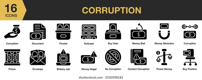 Corruption solid icon set. Includes document, pocket, suitcase, buy, envelope, prison, bait, and More. Solid icons vector collection.