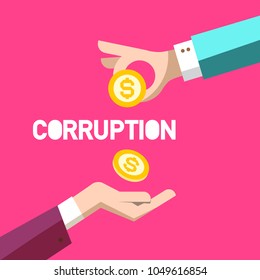 Corruption Symbol. Vector Flat Design Illustration with Two Hands and Dollar Coins. Bribery Icon.