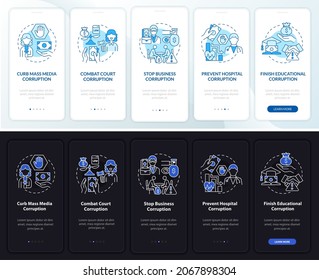 Corruption typese onboarding mobile app page screen. Fighting bribery walkthrough 5 steps graphic instructions with concepts. UI, UX, GUI vector template with linear night and day mode illustrations