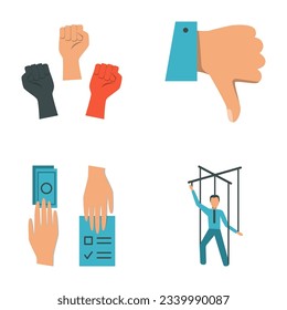 La corrupción y el juego de iconos llenos de injustas elecciones. Soborno, manipulación y símbolo de marioneta. Ilustración vectorial.