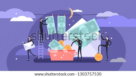 Corruption vector illustration. Flat tiny persons cash money laundering concept. Finance economical crime with tax payment. Illegal criminal process in offshore. Dishonesty and unfair oligarchies.