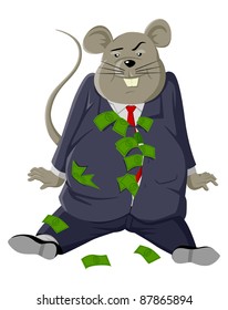 Corruptor, cartoon illustration of a fat rat with lots of money