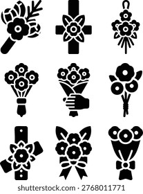 Corsage Icon Set. Solid, filled icon set of corsage styles wrist corsage