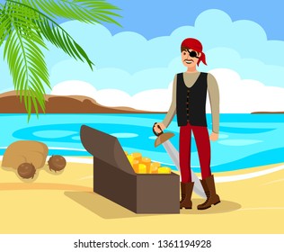 Corsair Found Treasure Flat Vector Illustration. Sailor in Headband Cartoon Character. Happy Pirate with Eyepatch and Sword Discovered Chest with Gold on Sea Shore. Treasure Hunter