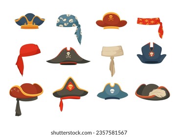Corsair headgear, pirate hats, buccaneer bandana costume isolated set isolated on white background. Filibuster headdress, sea sailor cap festive clothes accessory for children vector illustration svg