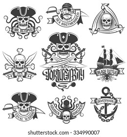 Corsair Logo Set In Vintage Style. Tattoos With Pirate Skulls.