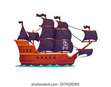 Corsair pirate ancient brigantine sail ship. Filibuster ancient caravel ship. Buccaneer historical frigate vessel isolated vector or privateer brigantine sailboat with Jolly Roger on black sail