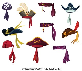 Sombreros corsarios y piratas. Vestimenta elegante pirata, elementos de diseño. Sombreros de disfraces de bucanero o carnaval de corsario. Moda de la gorra de piratería marítima, accesorio de la cabeza para fiesta con el huevo