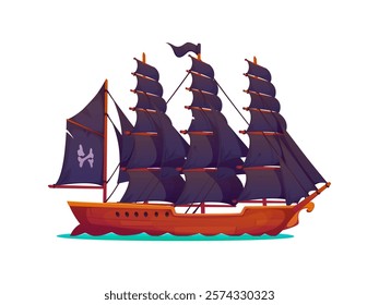 Corsair pirate historical brigantine sail ship. Corsair ancient brigantine vessel. Filibuster historical caravel ship isolated vector or privateer antique frigate sailboat with crossed bones on sail