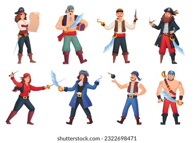 Corsairs characters. Cartoon pirates character, people in pirate costume corsair captain with hook hand sea rover happy sailors or buccaneer man pirat vector illustration of pirate corsair character svg