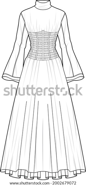 corset full skirt peasant dress, flare bell
sleeve long maxi, high neck capsule design technical fashion
illustration, isolated on white background.
