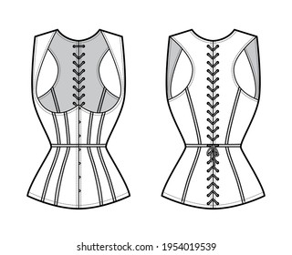 Corset gilet vest technical fashion illustration with sleeveless, Cord lacing back closure, slim fit, Whales. Flat apparel template front, white color style. Women, men, unisex top CAD mockup
