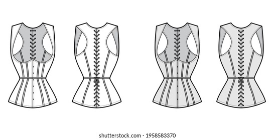 Corset gilet vest technical fashion illustration with sleeveless, Cord lacing back closure, slim fit, Whales. Flat apparel template front, white, grey color style. Women, men, unisex top CAD mockup